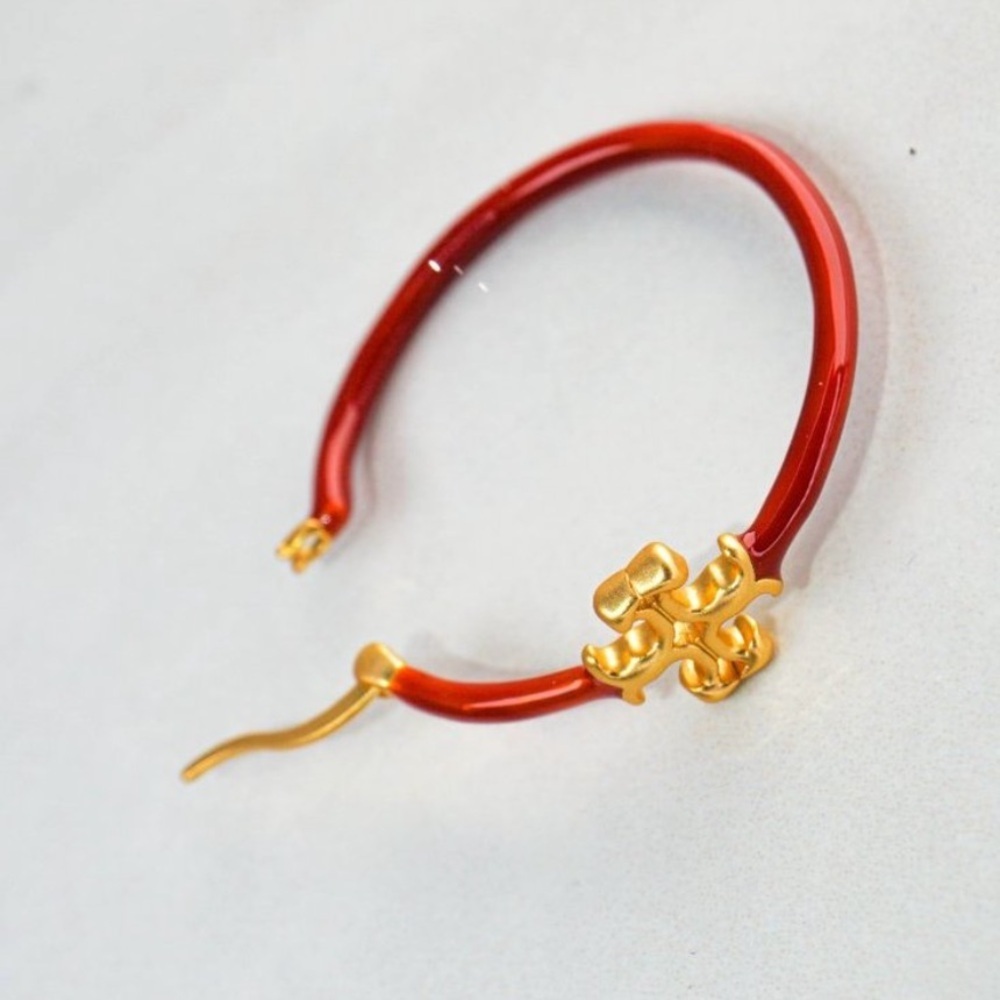 18K Gold plated Kira Tory Burch Red and Gold Hoop Earrings - Picture 6 of 7